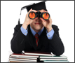 Graduate looking through binoculars