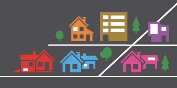 A graphic with houses, an apartment building and trees