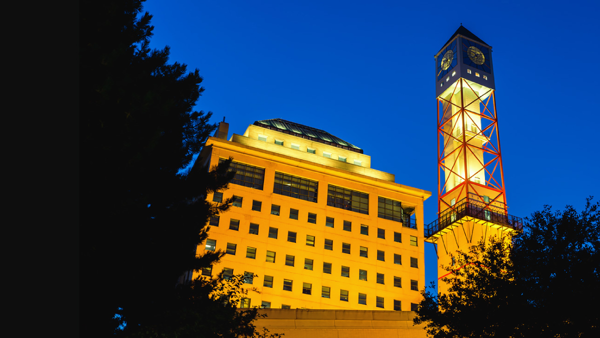 The Civic Centre clock tower lit up yellow