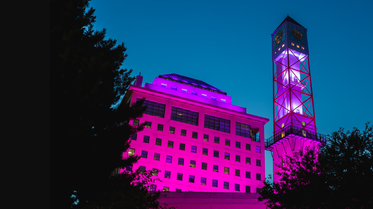 The Civic Centre clock tower lit up pink.