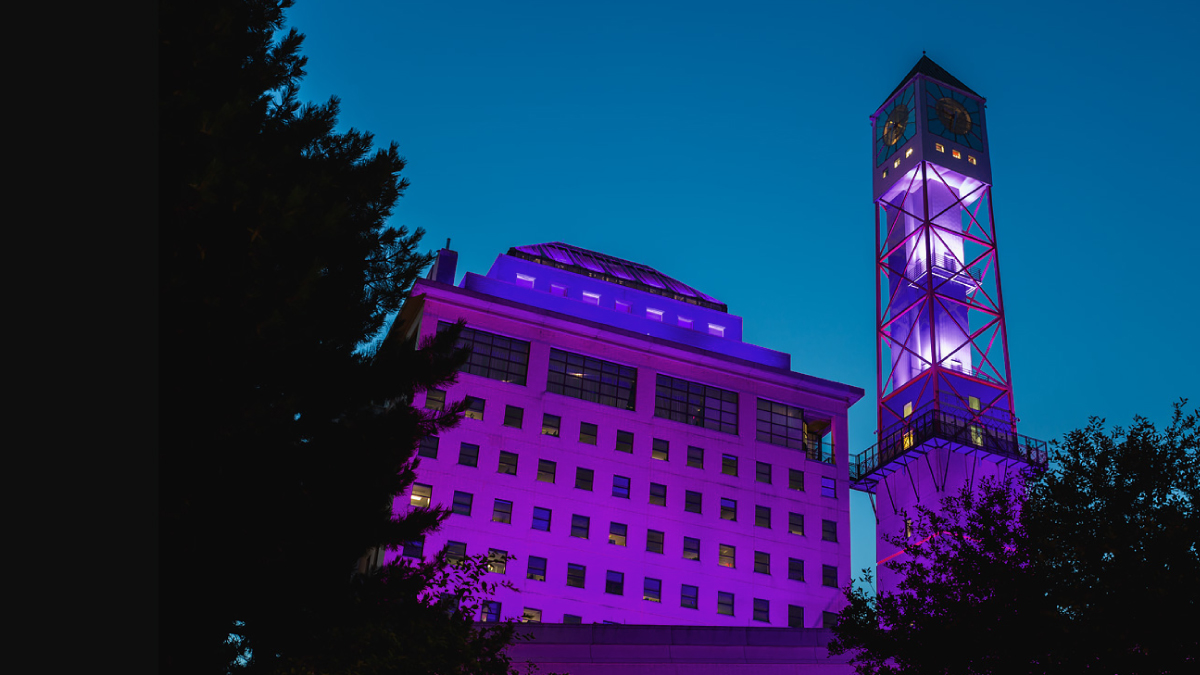 The Civic Centre clock tower lit up purple.
