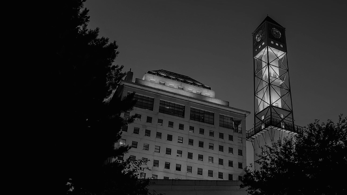 The Civic Centre clock tower dimmed.