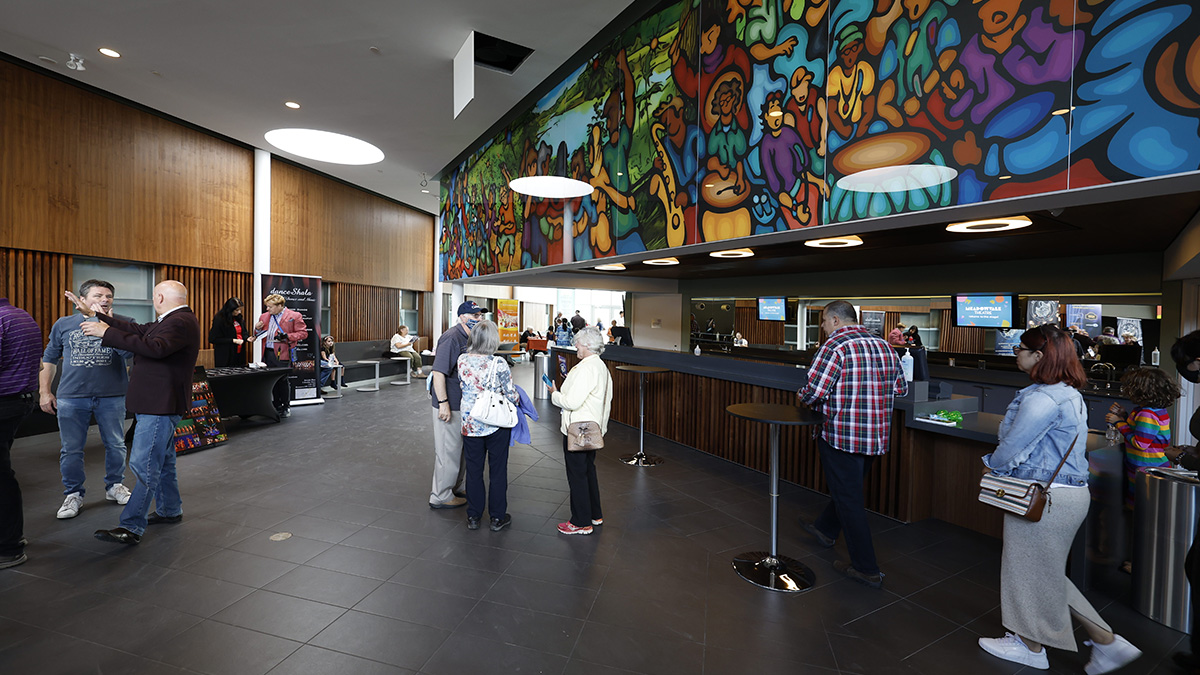 An interior photo of the lobby at the Meadowvale Theatre