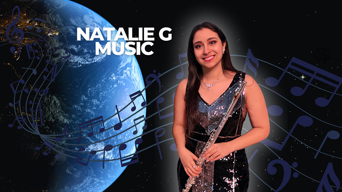 Natalie G holding a flute with planet earth in the background