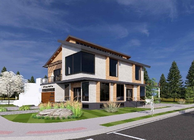 A fourplex home with blue sky behind it.