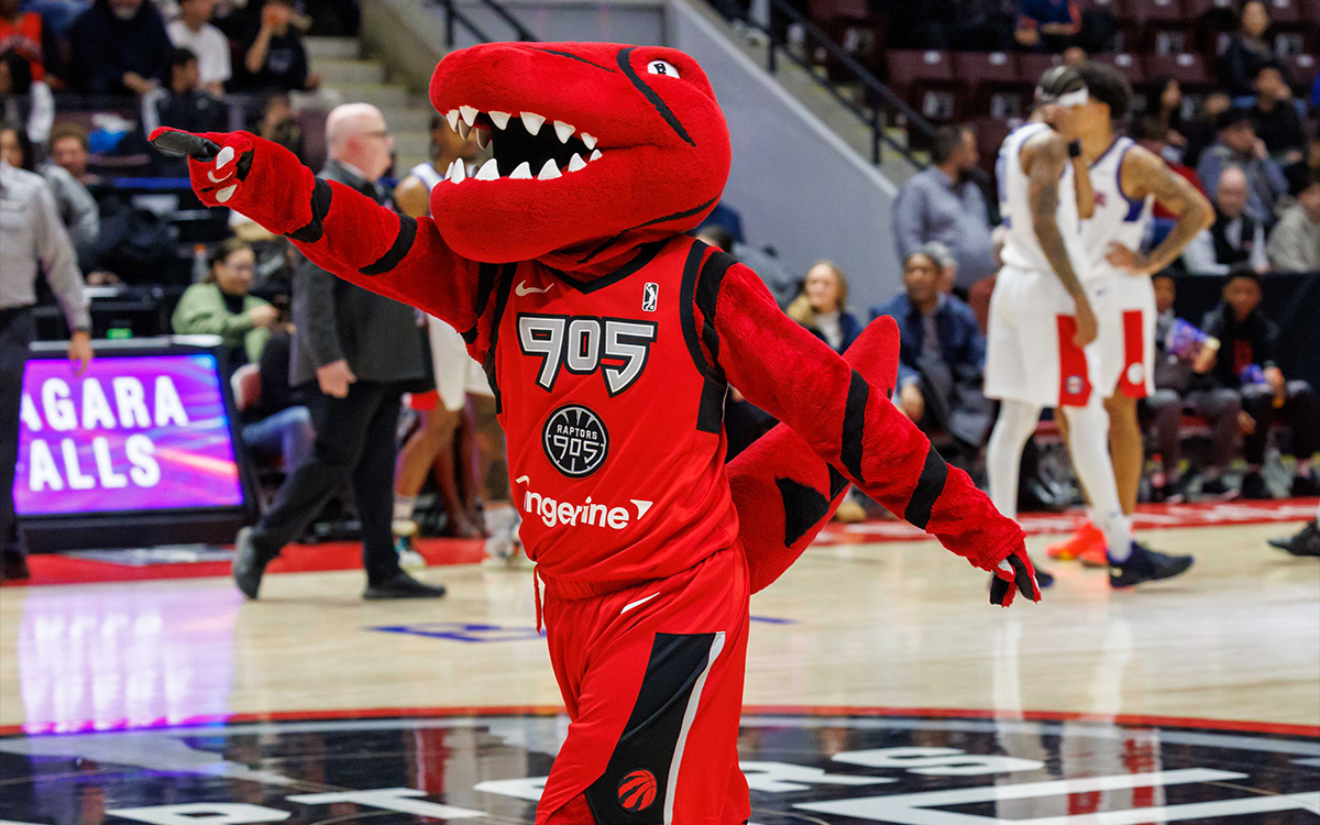 The Raptors 905 mascot waving at the crowd