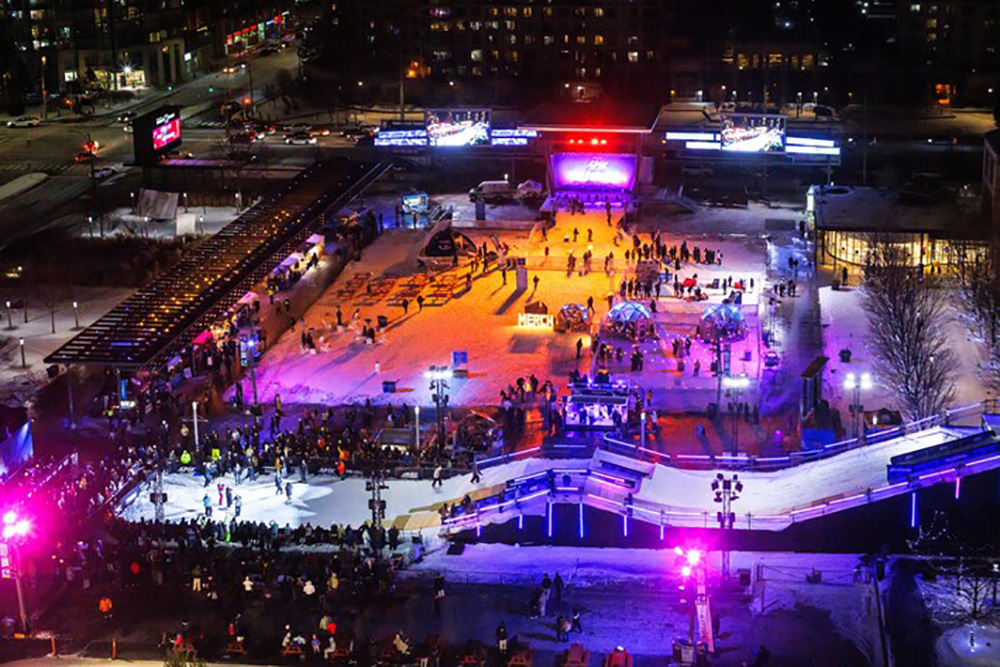 A night view of the snowboard ramp on Celebration Square