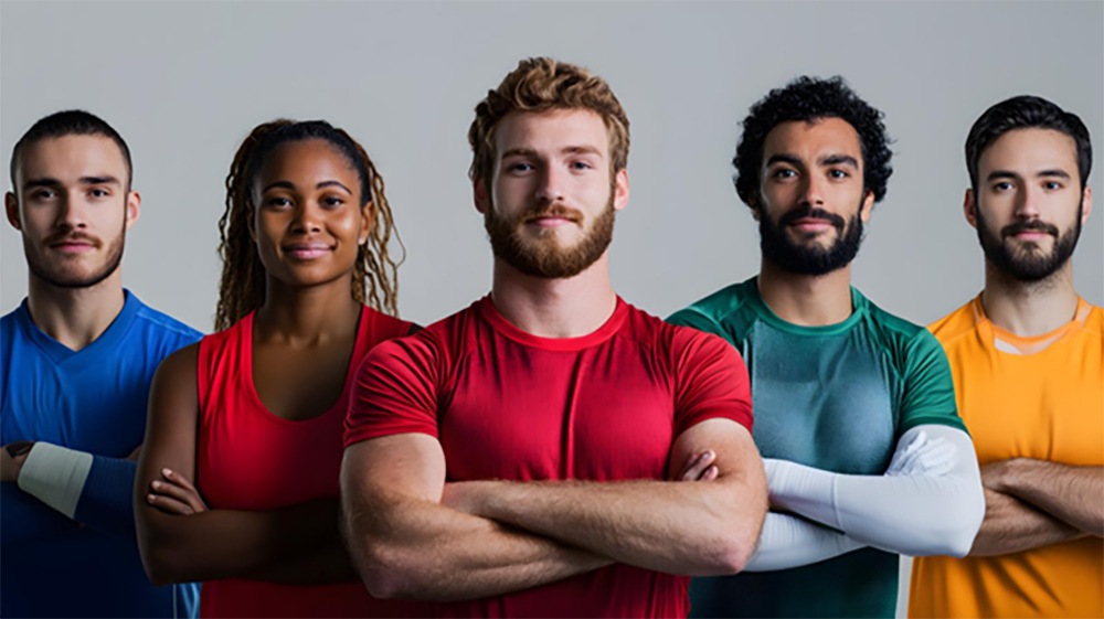 A group of athletes in a colourful variety of jerseys