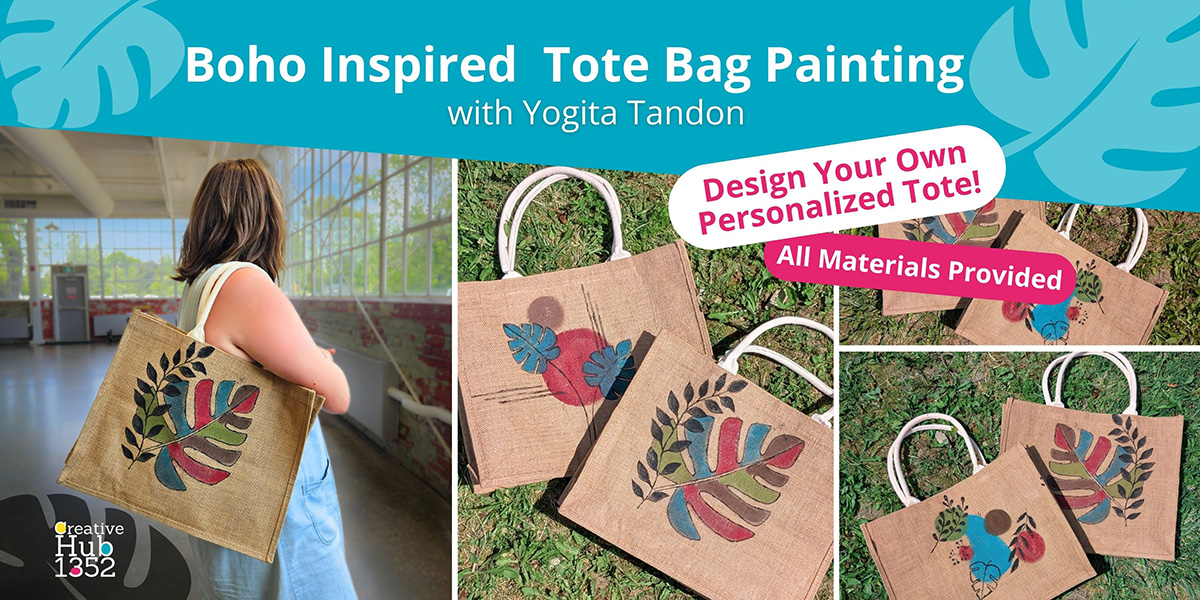 A person holding a hand painted tote bag