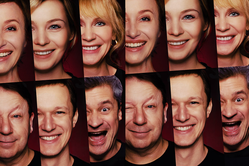 A collage of the cast of Oszuści.