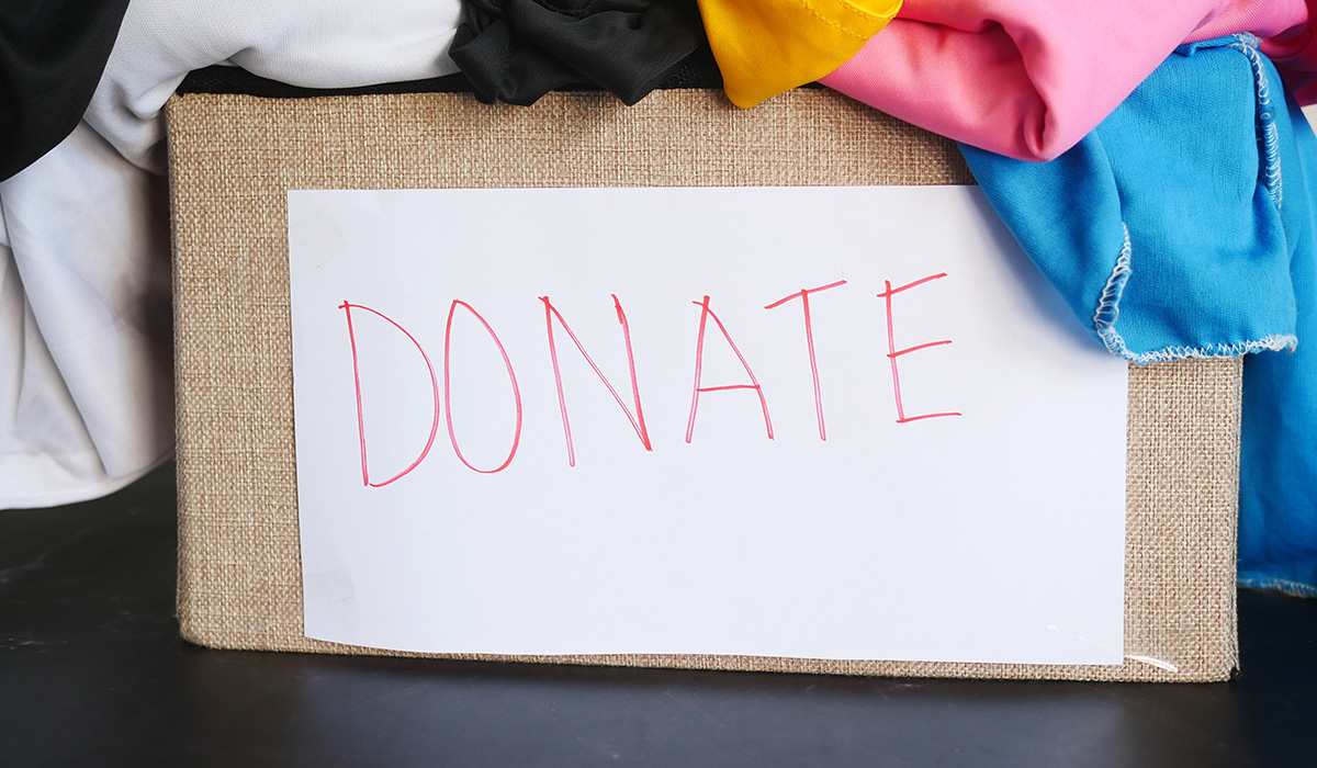 A box of clothes to be donated.