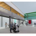 Artist rendering of people walking through the renovated lobby of the Carmen Corbasson Community Centre.