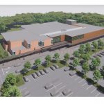 Artist rendering of an aerial view of the Carmen Corbasson Community Centre and parking lot.