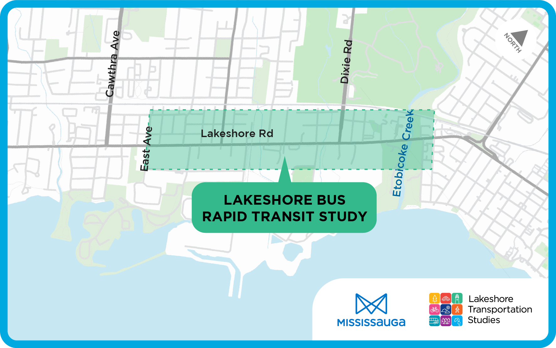 Area map of Lakeshore Road between East Avenue and Etobicoke Creek for the Lakeshore Bus Rapid Transit (BRT)study.