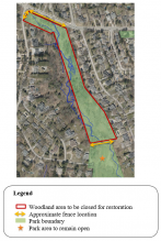 Map of woodland areas in Tecumseth Park that will be closed for restoration
