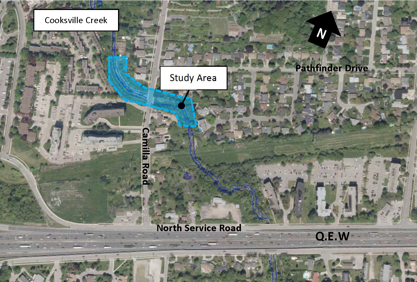An aerial map view of Camilla Road at Cooksville Creek. 