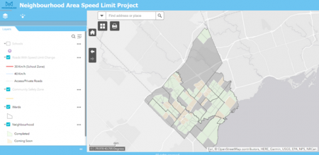 Screen shot of Neighbourhood Area Speed Limit map which shows neighbourhoods where speed limits have been changed and which neighbourhoods are coming soon for the change