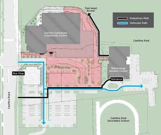 Map showing the walking path and driving path to Mississauga Seniors' Centre while Carmen Corbasson Community Centre is undergoing renovations.
