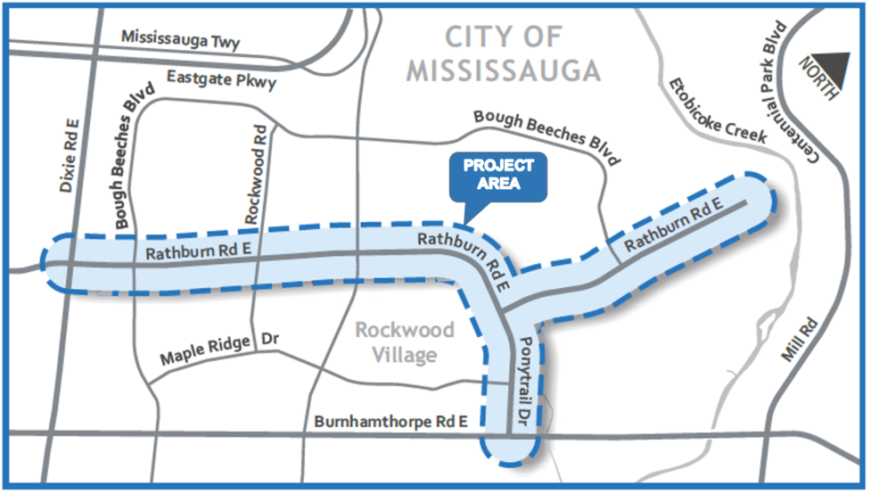 Map of Rathburn Road East from Dixie Road to Etobicoke Creek and Ponytrail Drive from Rathburn Road East to Burnhamthorpe Road East.