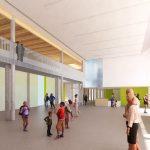 Artist rendering of the community centre’s updated lobby and reception are with prominent natural light features.