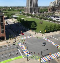 Aerial view of 2019 tactical urbanism installation at the Living Arts Centre intersection