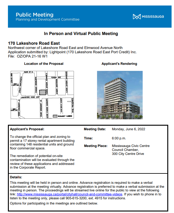 An example of a Planning and Development Committee public meeting notice with the address, location of proposal, photo of applicant's rendering, applicant's proposal, meeting date, time, place and other details on how to participate in the meeting.