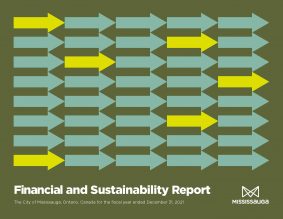 Cover of the 2021 City of Mississauga Financial and Sustainability Report with a green background and yellow and teal arrows in neat rows.