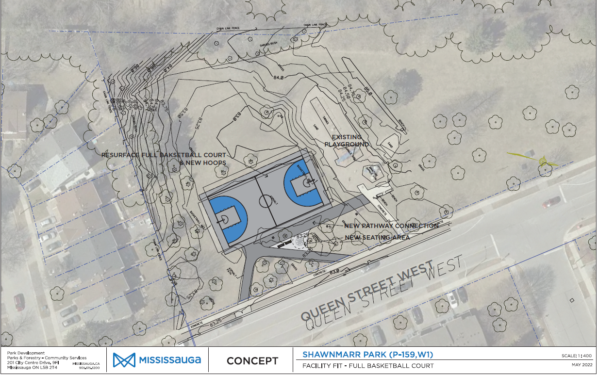 The concept plan for Shawnmarrk Park showing the proposed tennis court area with pickle ball overlay, basketball and game court, and seating area.