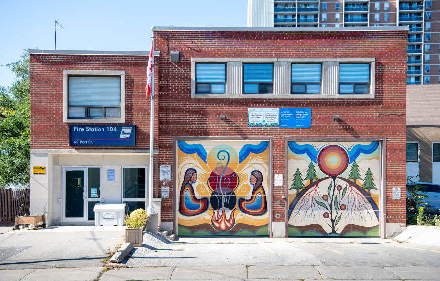 Public artwork, titled The Flame of Life, on the exterior of a Mississauga Fire Station.