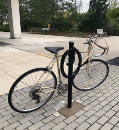A white bike parked against a black circular bike rack