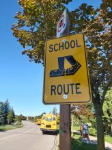 yellow and black school routes sign on road