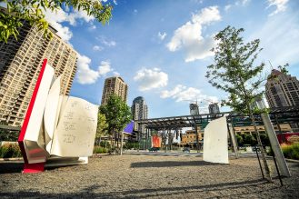 Photo of public art titled The Book by artist Ilan Sander located at the southeast corner of Celebration Square in Mississauga