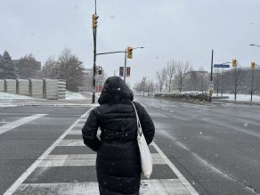Person in black jacket walking across crosswalk during snowy weather