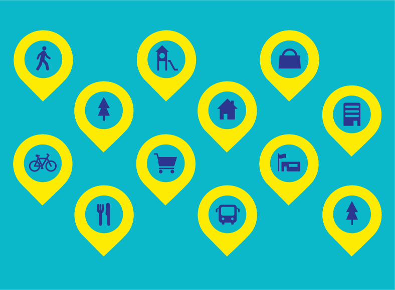 Light blue background with 11 yellow location pins evenly spaced across the foreground.
