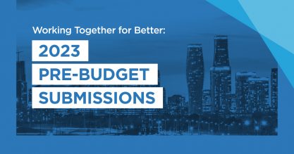 Designed creative with an image Mississauga faded into the background and blue text saying "Pre-budget Submmission"