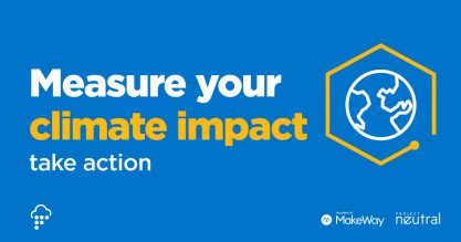 Blue, white and yellow graphic with text that reads "Measure your climate impact. Take action."