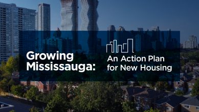 Photograph of Mississauga skyline with text reading Growing Mississauga: An Action Plan for New Housing