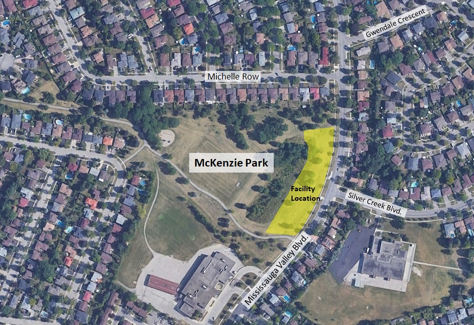 The stormwater management facility, highlighted in yellow, is located in McKenzie Park.