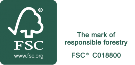 White and green graphic with text that reads "The mark of responsible forestry. FSC C018800"