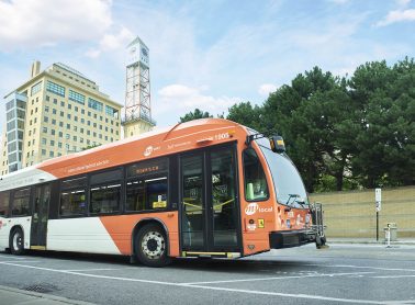 MiWay bus in the foreground with City Hall in the background.