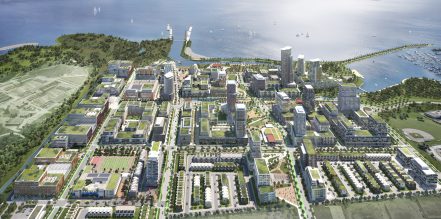 Rendering of aerial view of Lakeview Village development in Mississauga