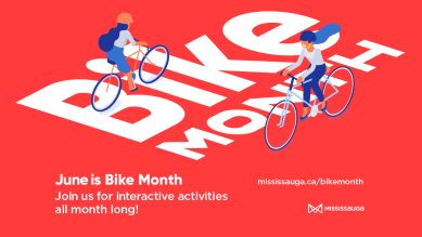 Red graphic of two people wearing helmets biking. It has text that reads "June is Bike Month. Join us for interactive activities all month long!"