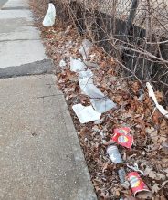 Litter left on a sidewalk - cooffee cups, food waste
