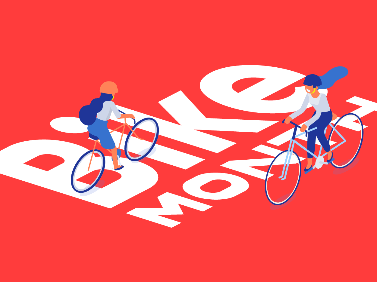 Red graphic of two people wearing helmets biking. It has text that reads 