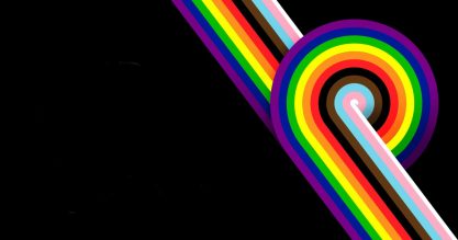 Black background with a rainbow swoosh graphic for Pride Month.