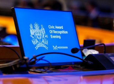 Computer monitor with blue and white graphic with text 