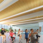 Artist rendering of a group of people at an aerobics class taking place in Carmen Corbasson Community Centre’s new fitness centre.