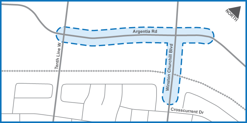 Project area spanning across Argentia Road from Winston Churchill Boulevard to Tenth Line West outlined in blue on a map.