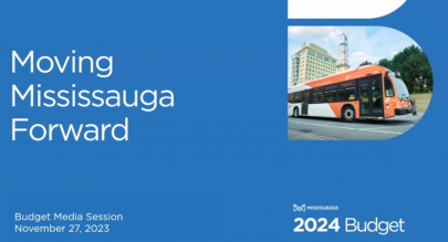 Mississauga's 2024 Budget Presentation Power Point deck with Mississauga Transit bus