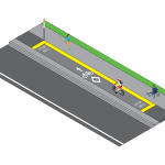Raised bus stop cycle track with cyclist, sidewalk, and car lane. The yellow rectangular bus stop track has the text 'STOP BUS' in white on the edges, a central white arrow, bicycle, and diamond shape. The sidewalk runs beside the track, with a pedestrian and a person using a wheelchair.